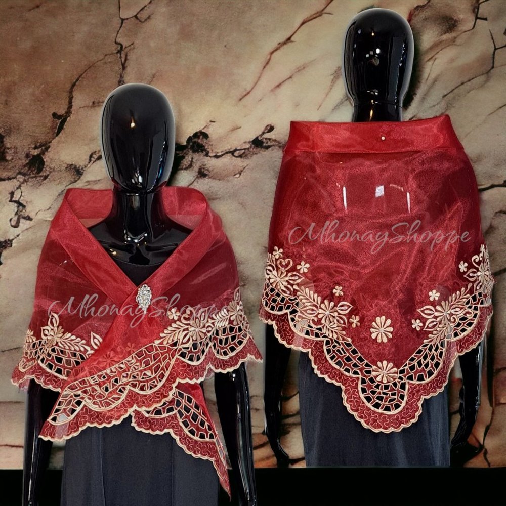 Maroon-Handmade Filipino Alampay Shawl – Organza Cutwork Embroidery w/ Brooch